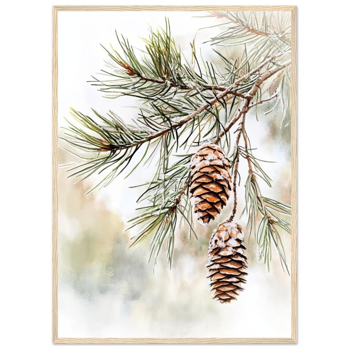 Snow Covered Pine Branch With Two Frosted Cones Watercolor Poster