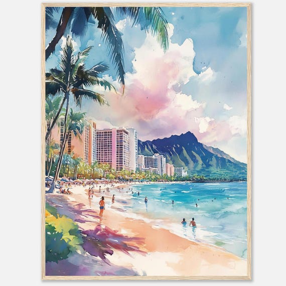 Honolulu Waikiki Beach Watercolor Travel Poster
