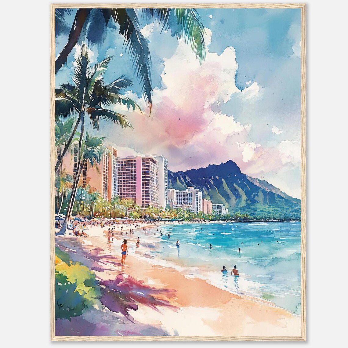 Honolulu Waikiki Beach Watercolor Travel Poster
