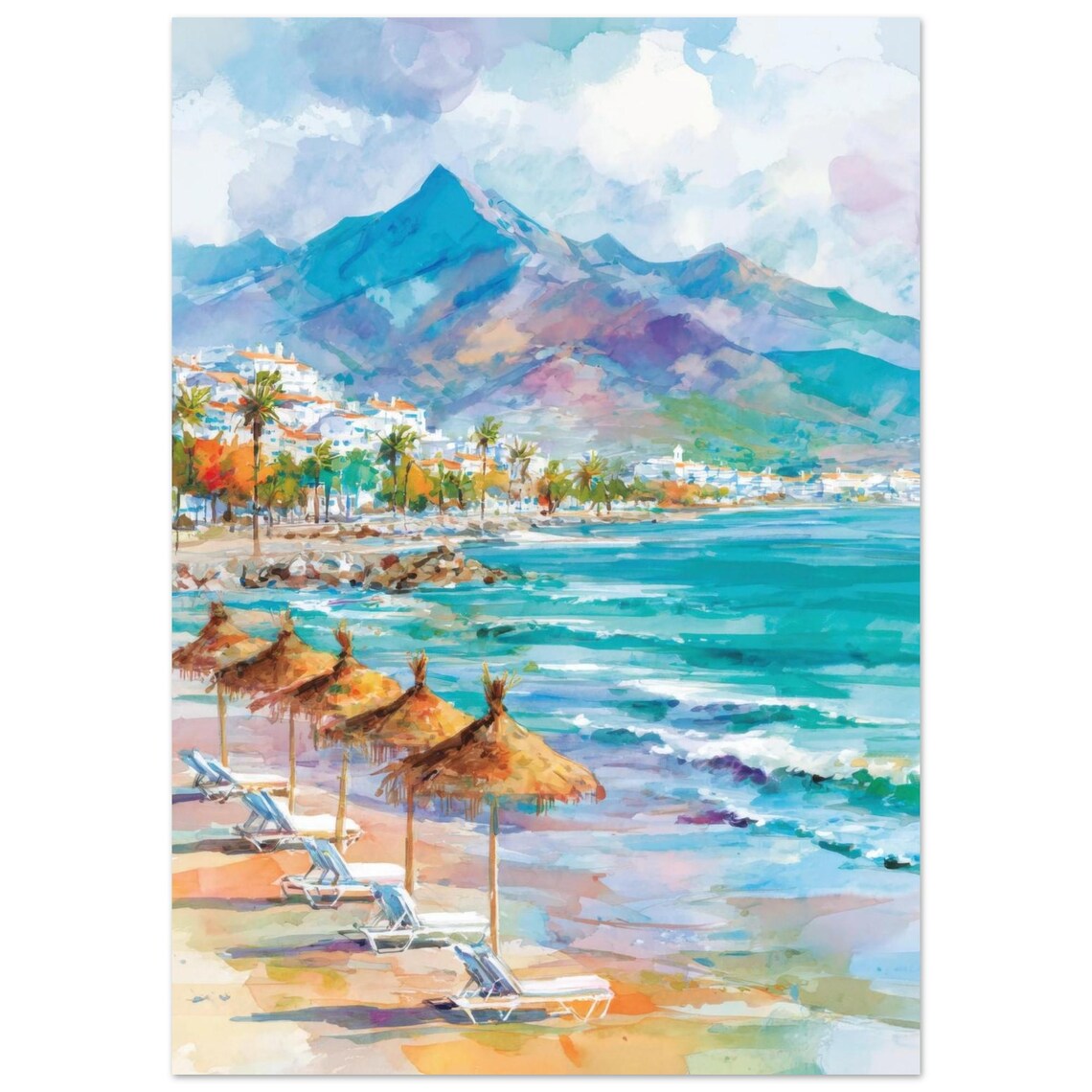 Marbella Beach Summer Watercolor Spanish Coast Travel Poster