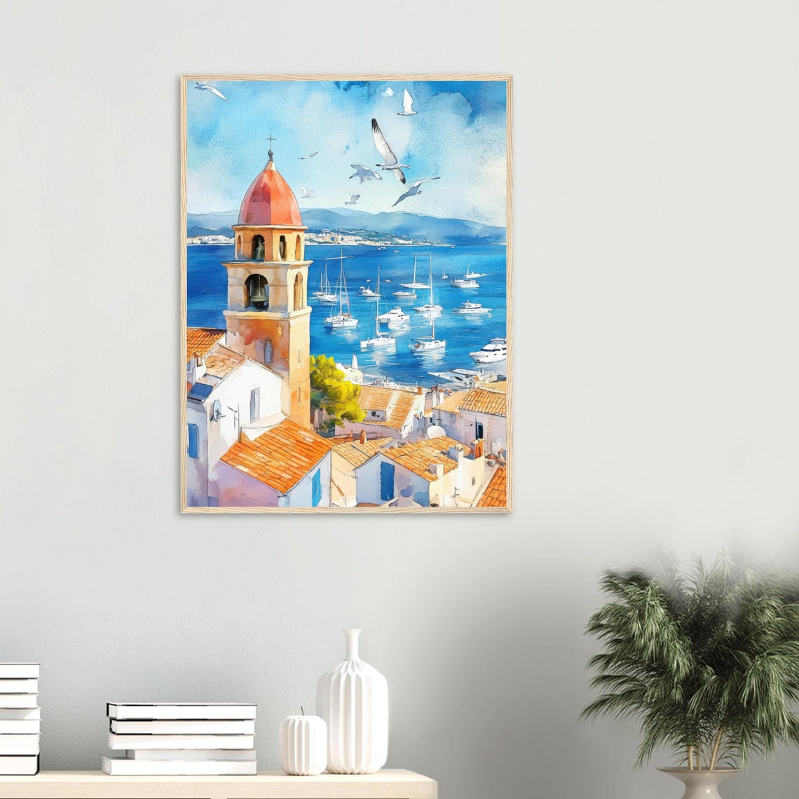 Saint Tropez Bell Tower Harbor Watercolor Seagulls Art Photo Poster - Image 2