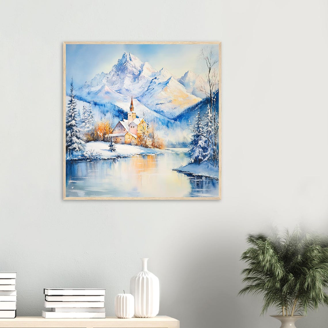 Alps Winter Watercolor Church by Lake Under Snowy Peaks Poster - Image 2