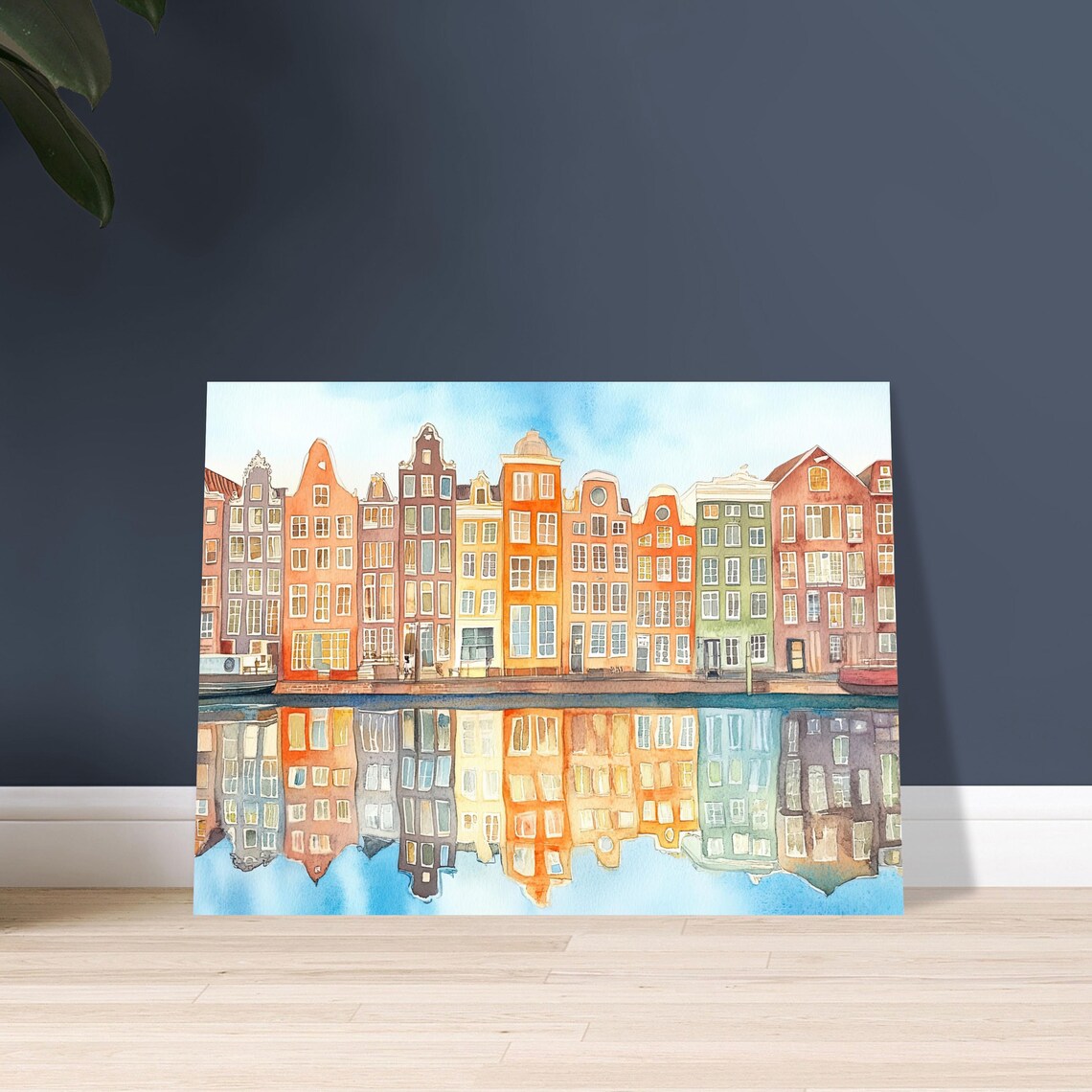 Amsterdam Canal Houses Watercolor Mirror Reflection Art Photo Poster - Image 2