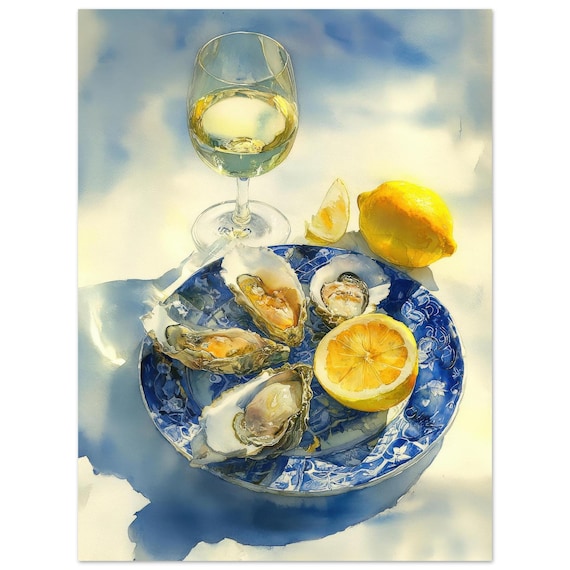 Fresh Oysters Lemon White Wine Watercolor Still Life Kitchen Art Print