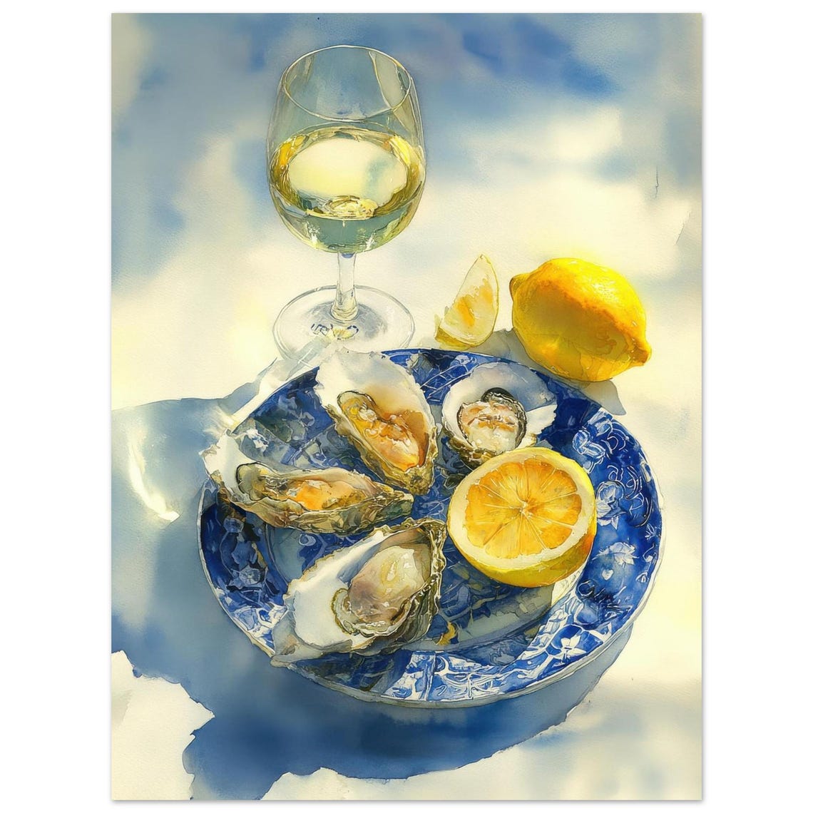 Fresh Oysters Lemon White Wine Watercolor Still Life Kitchen Art Print