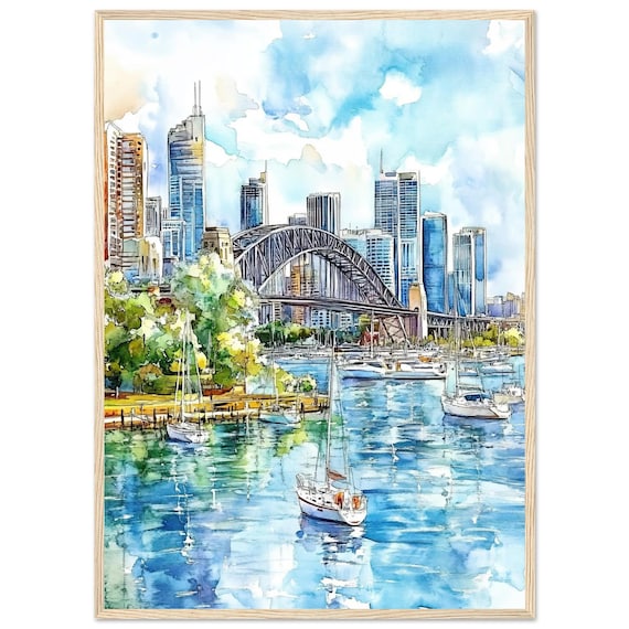 Sydney Harbour Bridge Sailboats Watercolor Cityscape Art Poster