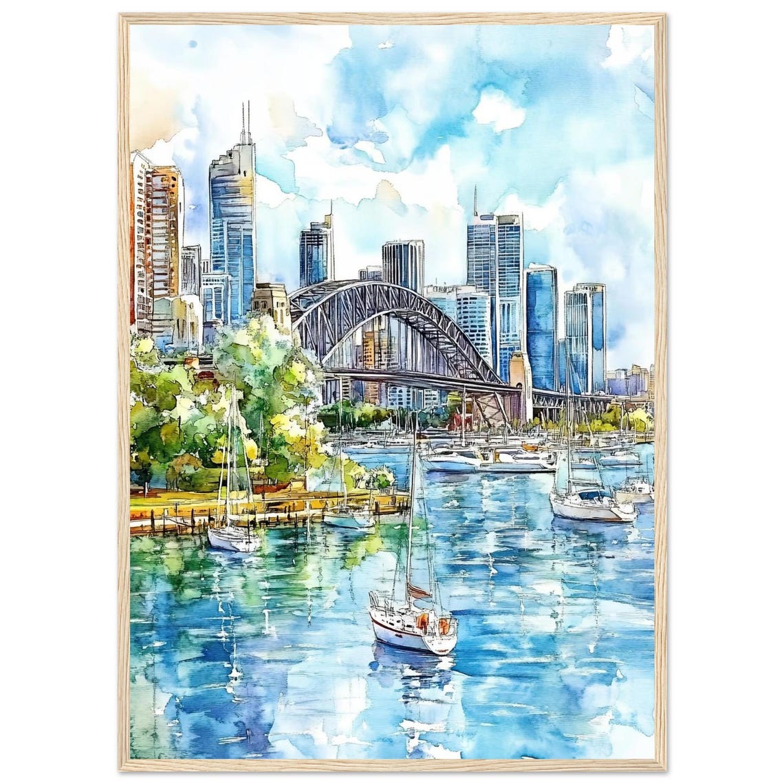 Sydney Harbour Bridge Sailboats Watercolor Cityscape Art Poster