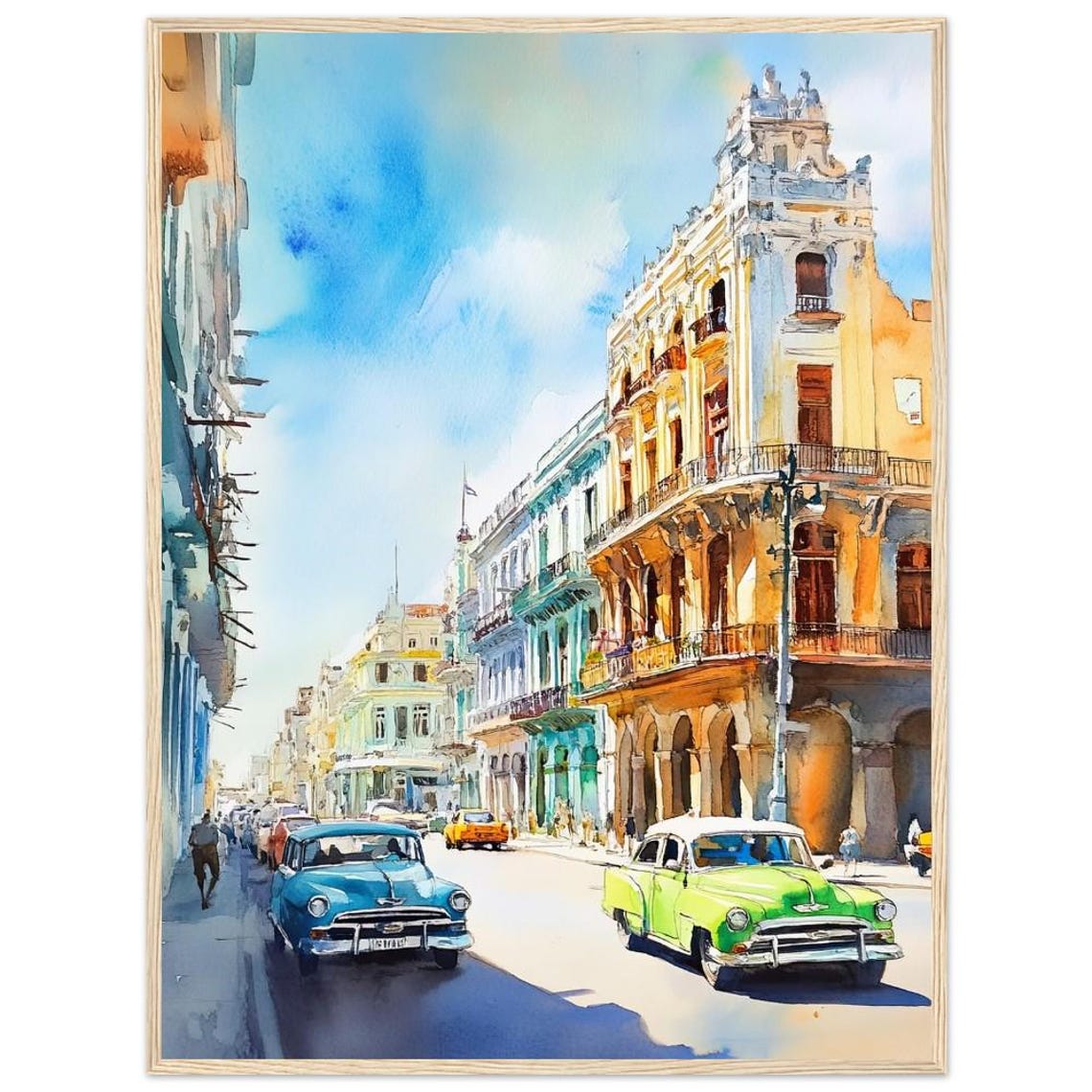 Havana Street Watercolor Painting Print Cuban Retro Cars Colonial Architecture Wall Art Colorful Travel Poster By Nataliaayuart