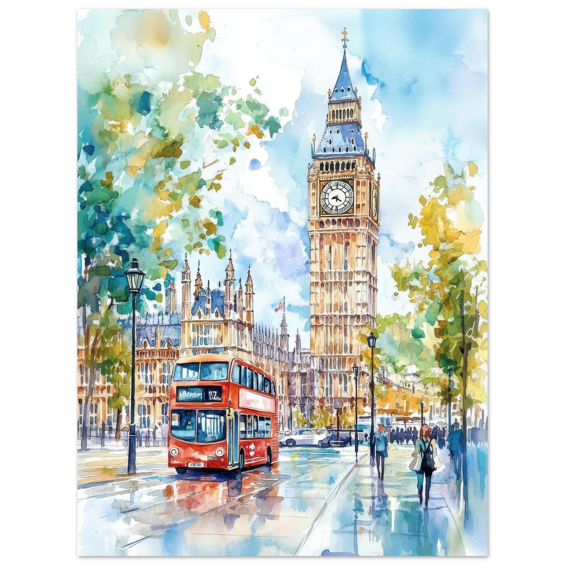 Big Ben London Watercolor Art Print, British Travel Poster