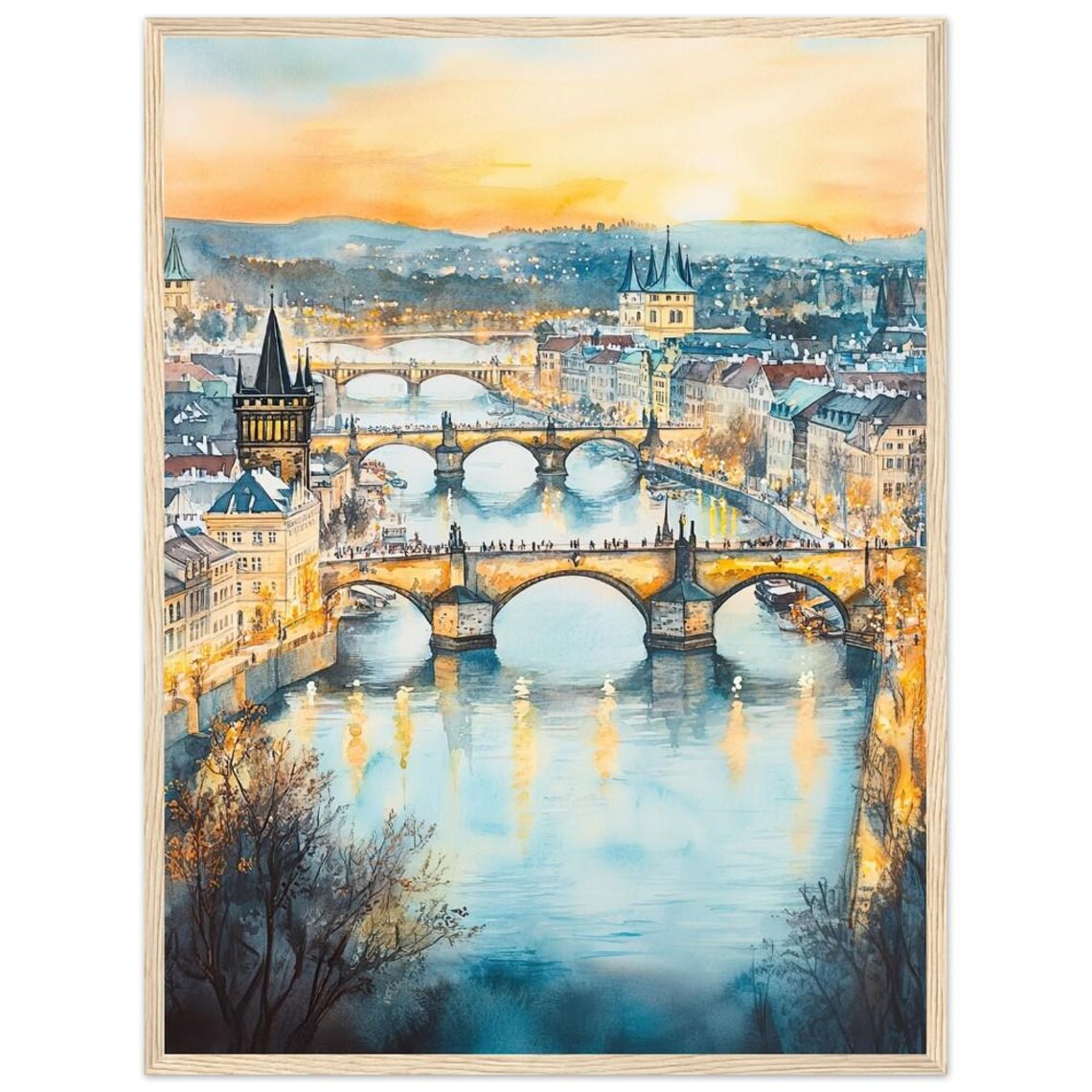 Prague Charles Bridge Watercolor Cityscape Art Print