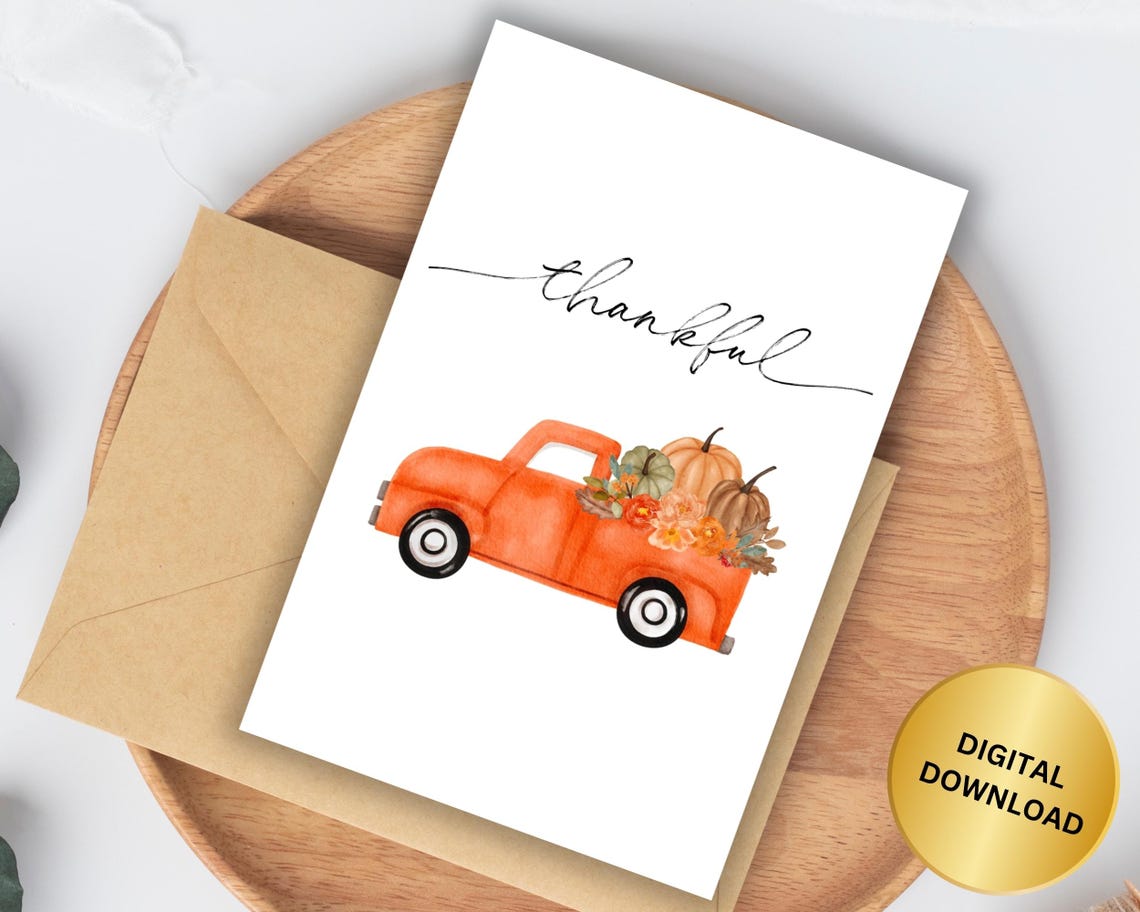 Thankful Watercolor Orange Truck with Pumpkins Fall Card Poster Art