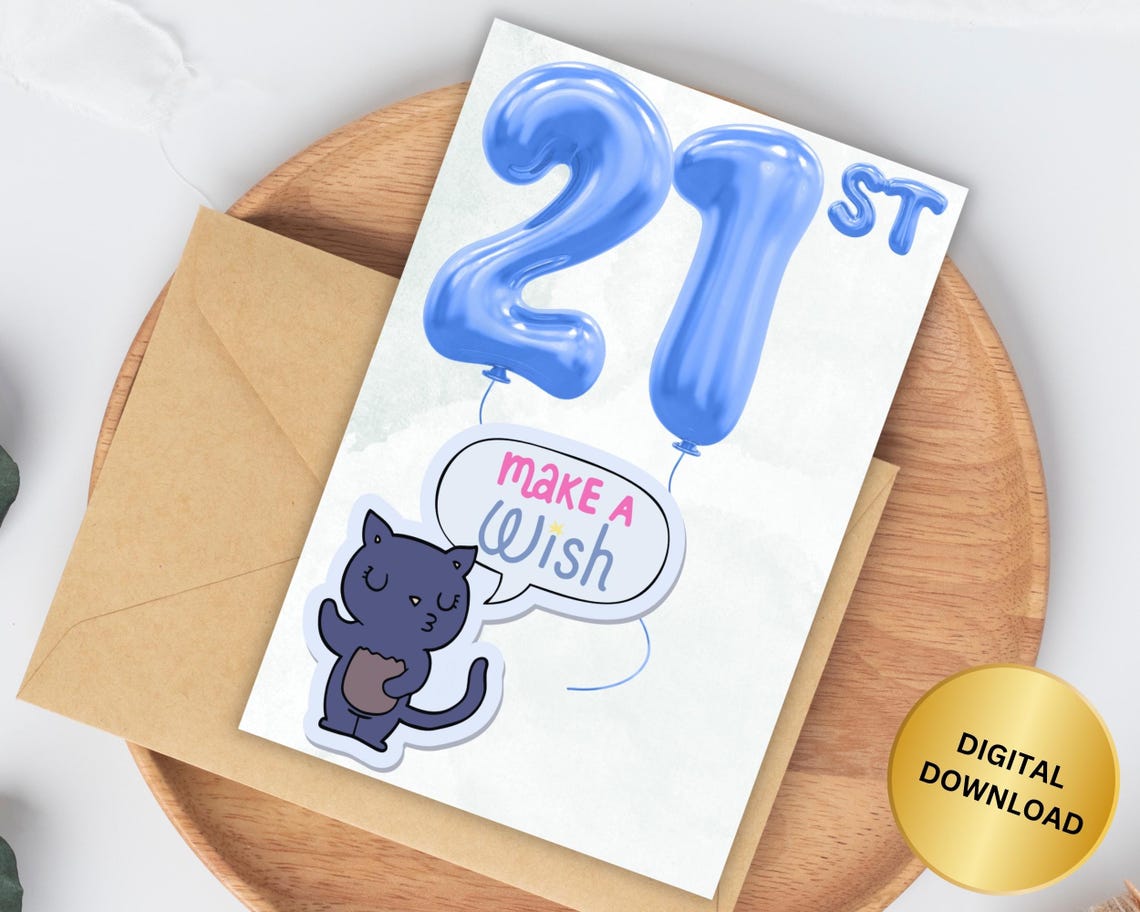 21st Birthday Cat Card with Blue Balloon Make a Wish Poster Design