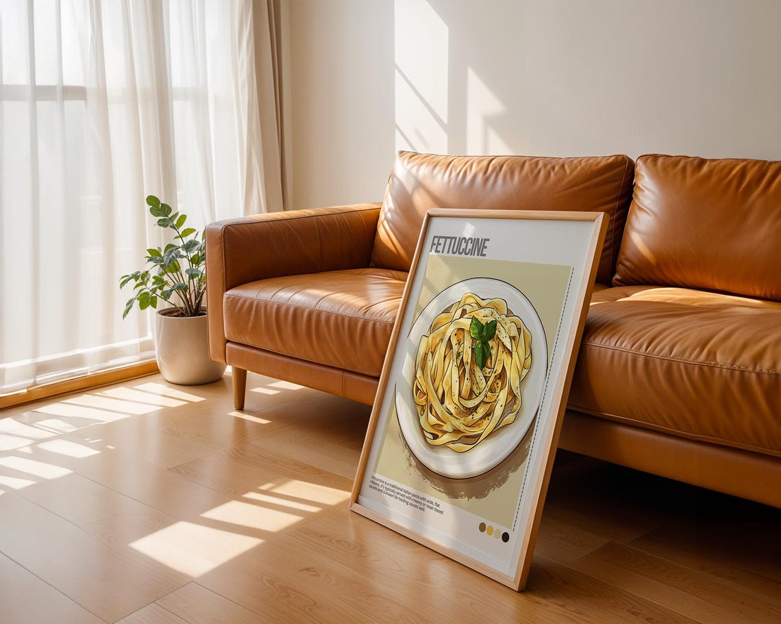 Fettuccine Pasta Bowl Basil Italian Cuisine Illustrated Poster - Image 4
