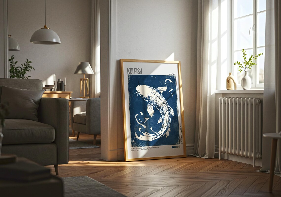 Koi Fish Japan Blue Woodblock Pond Indigo Calm Nature Poster - Image 5