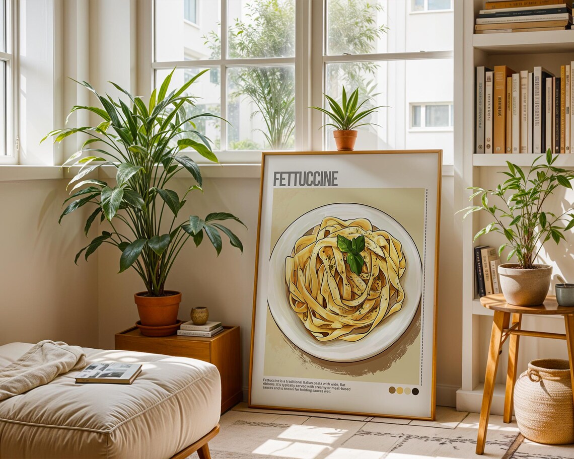 Fettuccine Pasta Bowl Basil Italian Cuisine Illustrated Poster