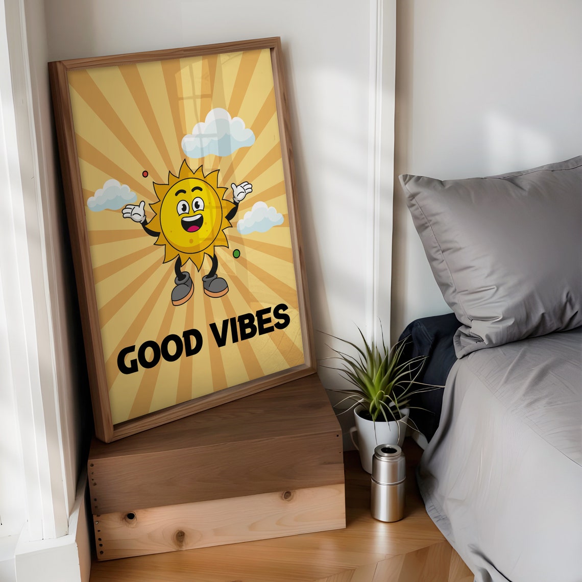 Good Vibes Happy Smiling Sun Retro Cartoon Yellow Sunburst Poster - Image 3