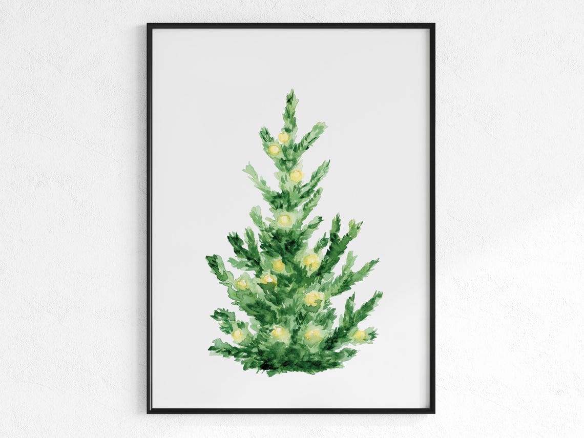 Watercolor Christmas Tree Glowing Lights Minimalist Holiday Poster
