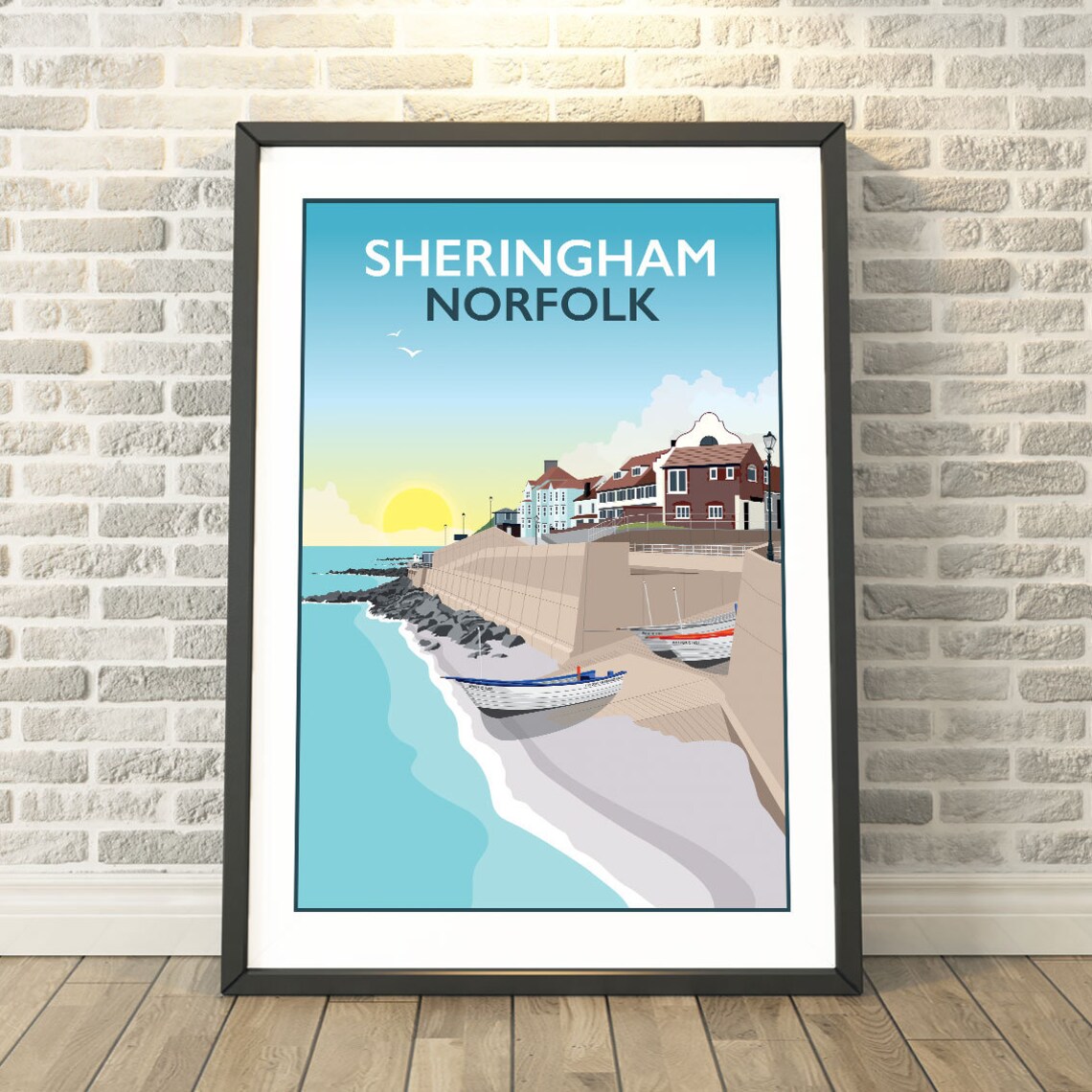 Sheringham Norfolk Seaside Sunset Boats Vintage Travel Style Beach Poster