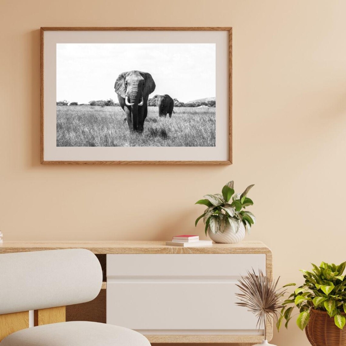 African Elephants Savanna Black And White Wildlife Photo Poster - Image 4