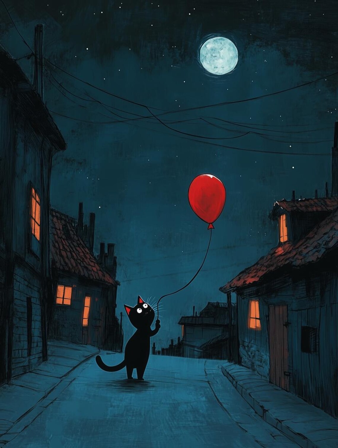Whimsical Black Cat With Red Balloon Moonlit Night Street Art Poster