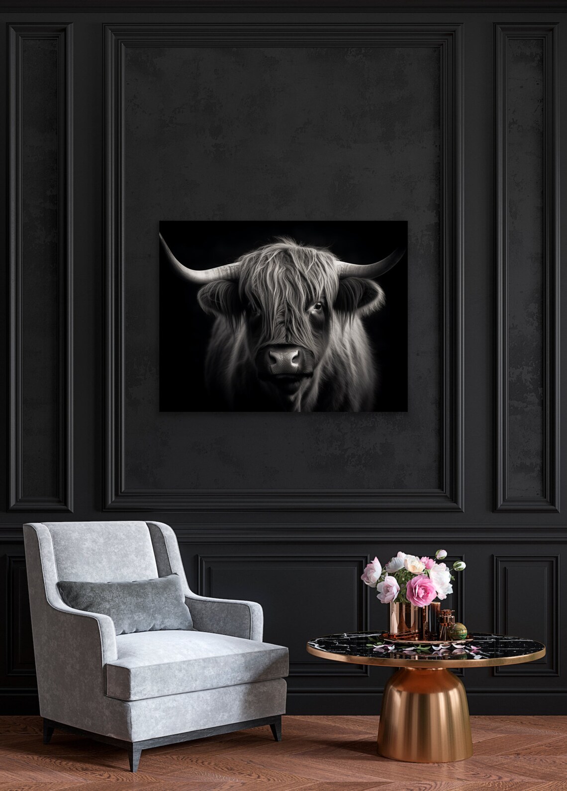 Monochromatic Highland Cow Portrait, Glen Angus - Image 2