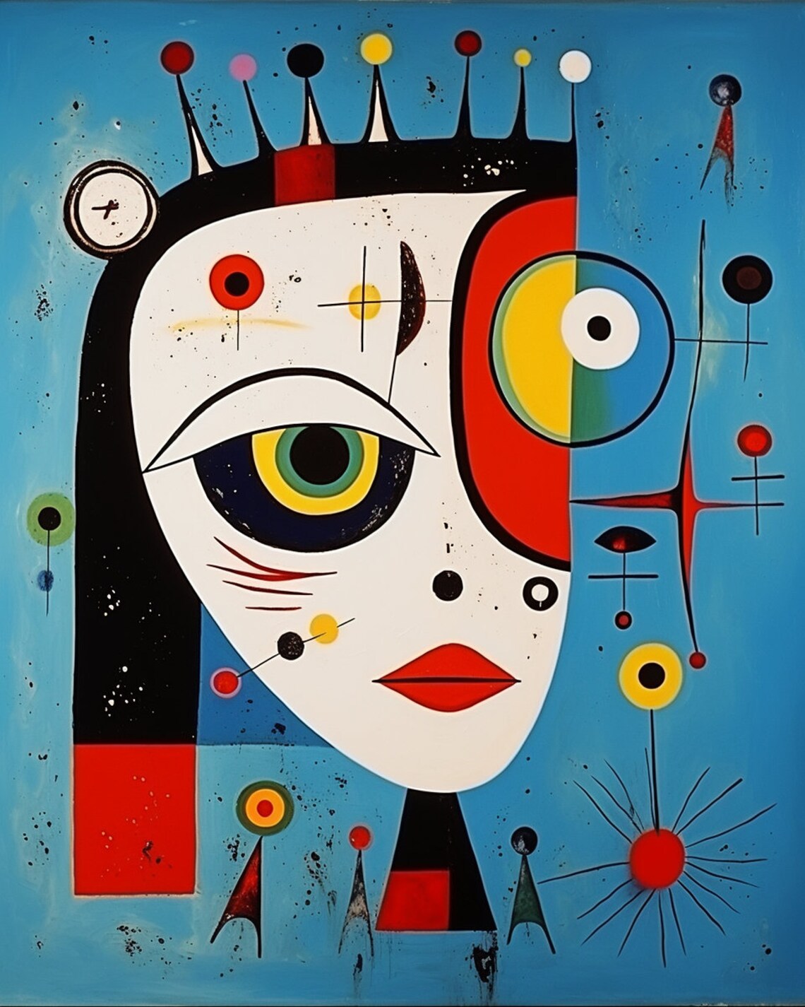 Miro Style Abstract Female Face on Vivid Blue Surrealism Poster