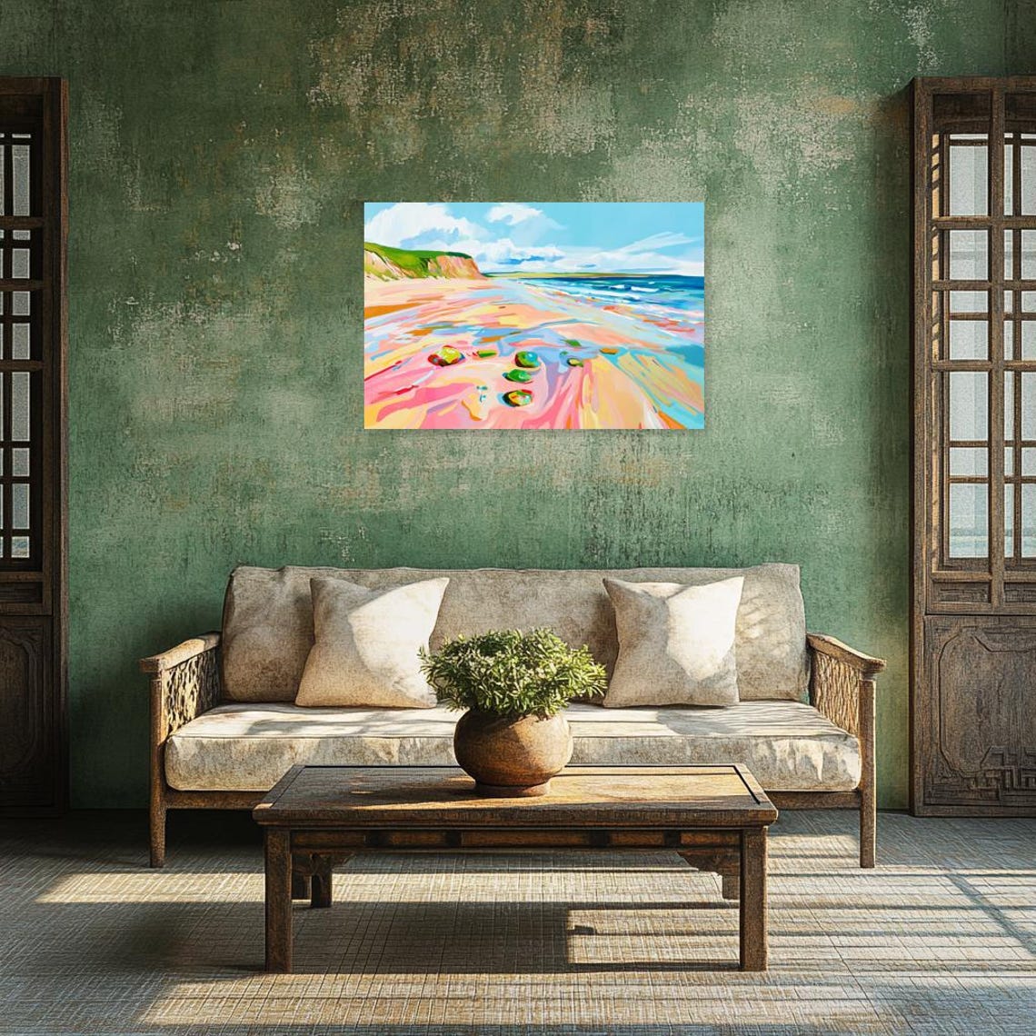 Colorful Coastal Beach Scene with Green Cliffs and Turquoise Poster - Image 5