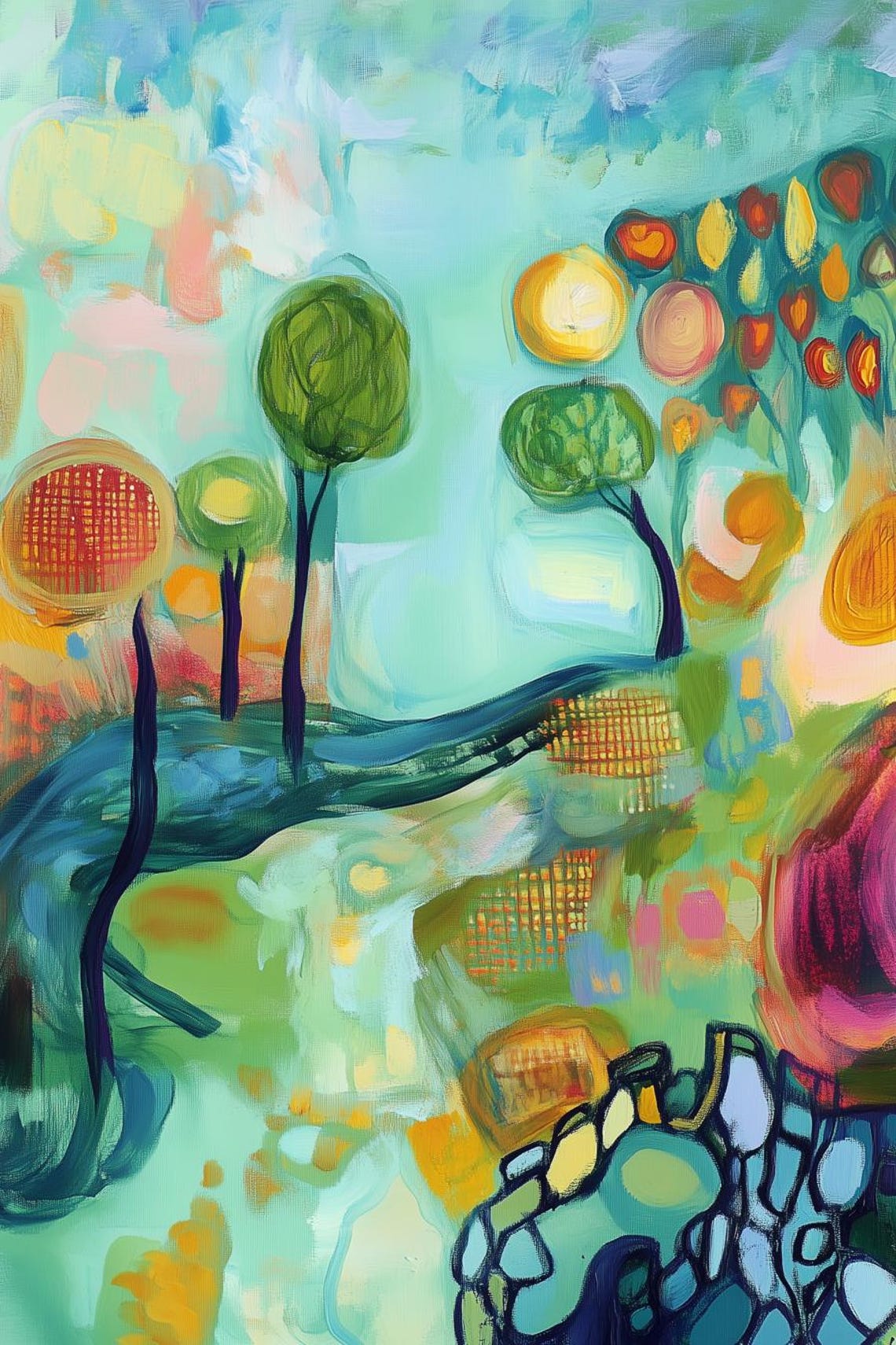 Whimsical Abstract Trees Against a Teal Sky Colorful Modern Art Poster