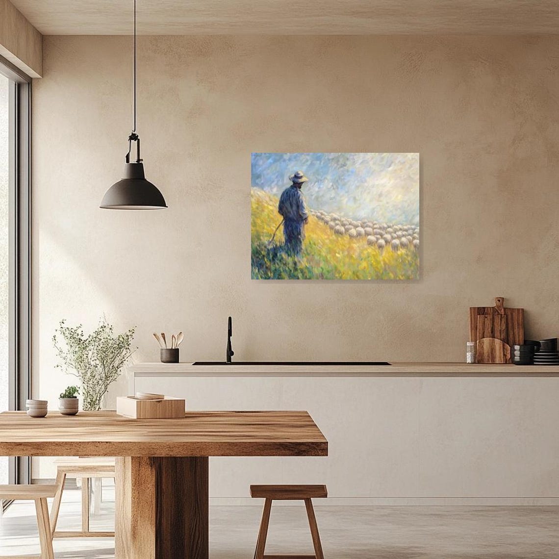 Shepherd Watching Sheep Flock In Golden Meadow Impressionist Poster - Image 3