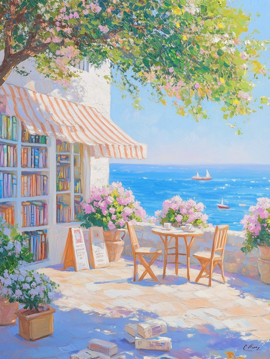 Seaside Bookshop Cafe Terrace Overlooking Blue Ocean Floral Art Poster