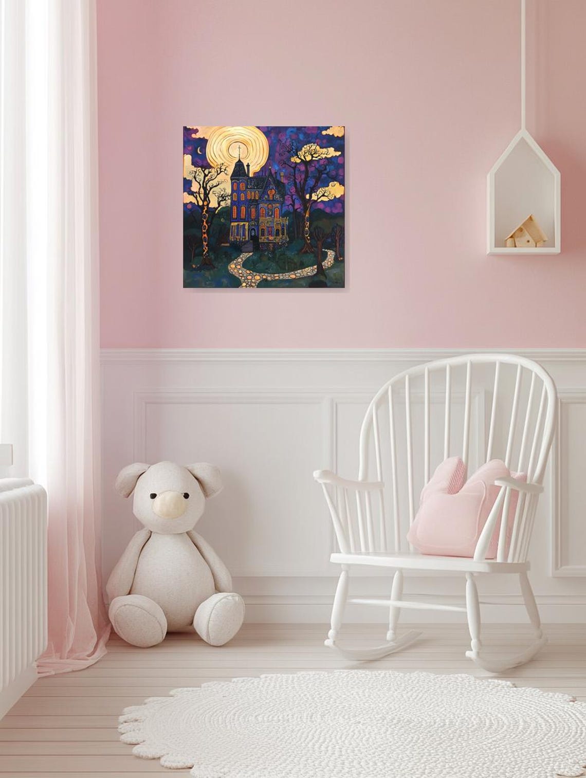 Mystical Blue House Glowing Under a Giant Moon at Night Poster - Image 3