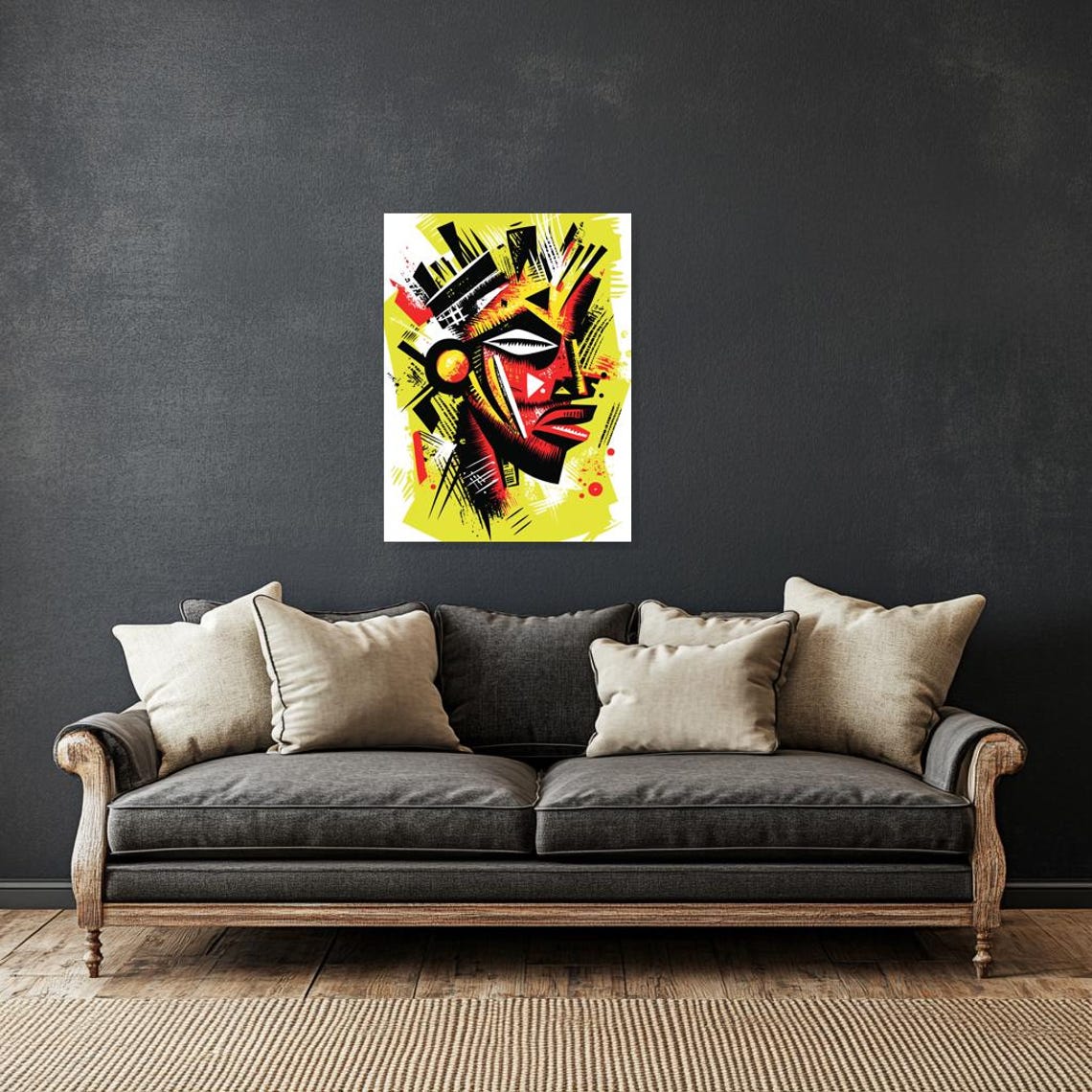 Bold Tribal Mask Artwork In Red Yellow And Black Graphic Style Poster - Image 2