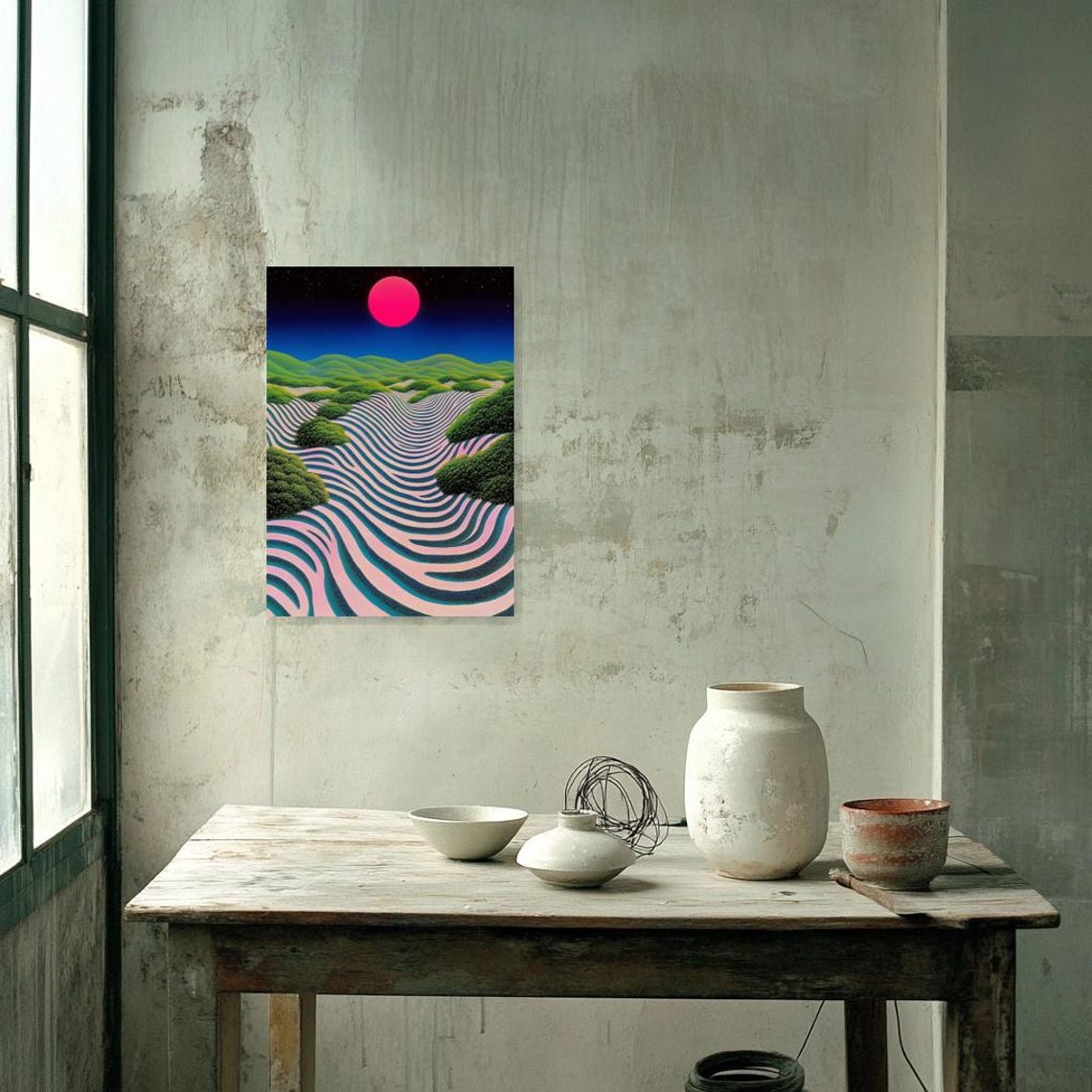 Huge Pink Moon over Surreal Striped Green Hills at Night Poster - Image 2