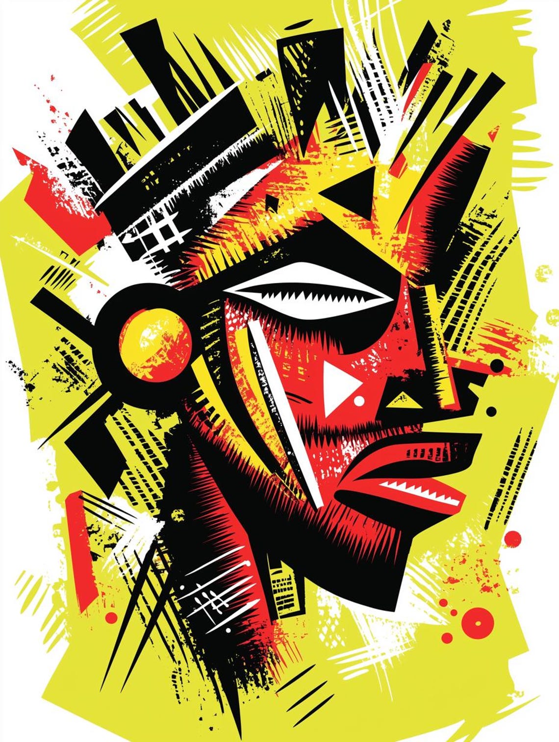 Bold Tribal Mask Artwork In Red Yellow And Black Graphic Style Poster