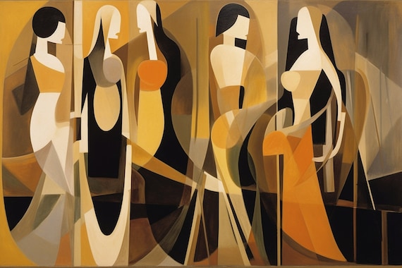 Cubist Women Warm Ochre Tones Modern Abstract Figure Art Poster