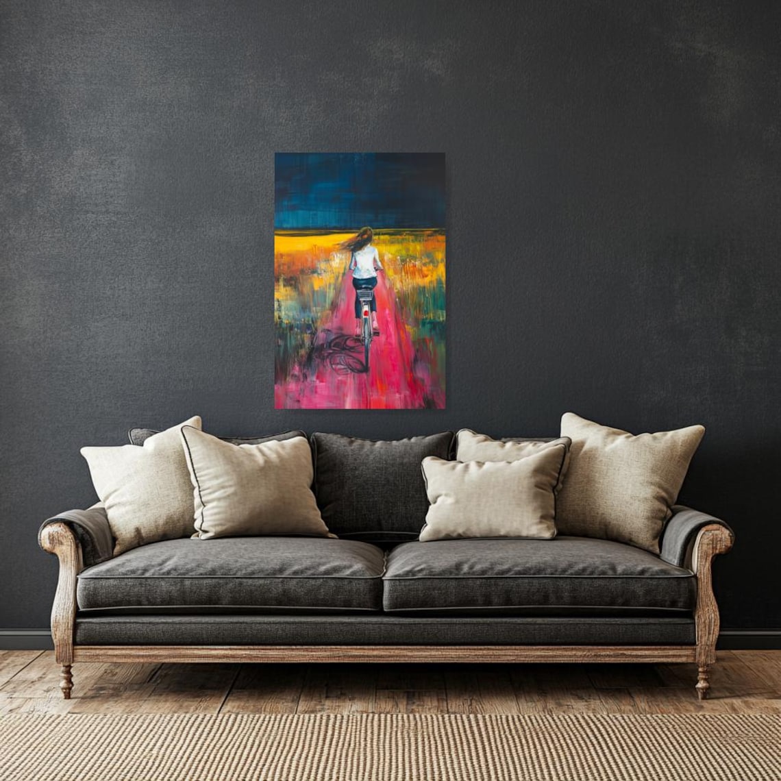 Expressionist Woman Cycling Through a Golden Field at Dusk in Thick Impasto Poster - Image 2