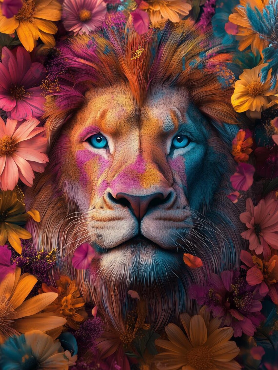 Colorful Lion Portrait Surrounded by Vibrant Flowers Psychedelic Poster