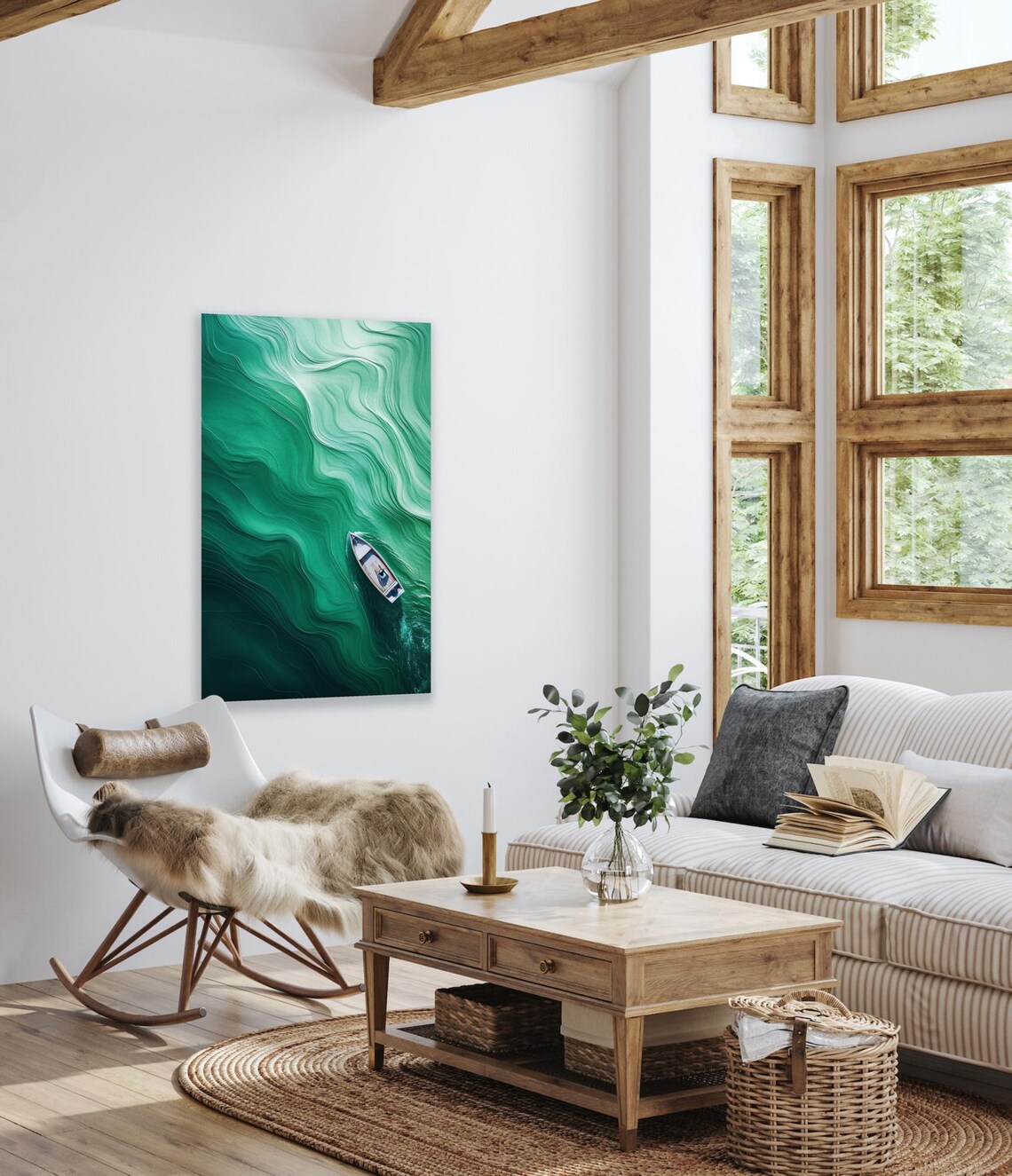 Aerial View Single Wooden Boat Emerald Green Swirling Water Art Poster - Image 2