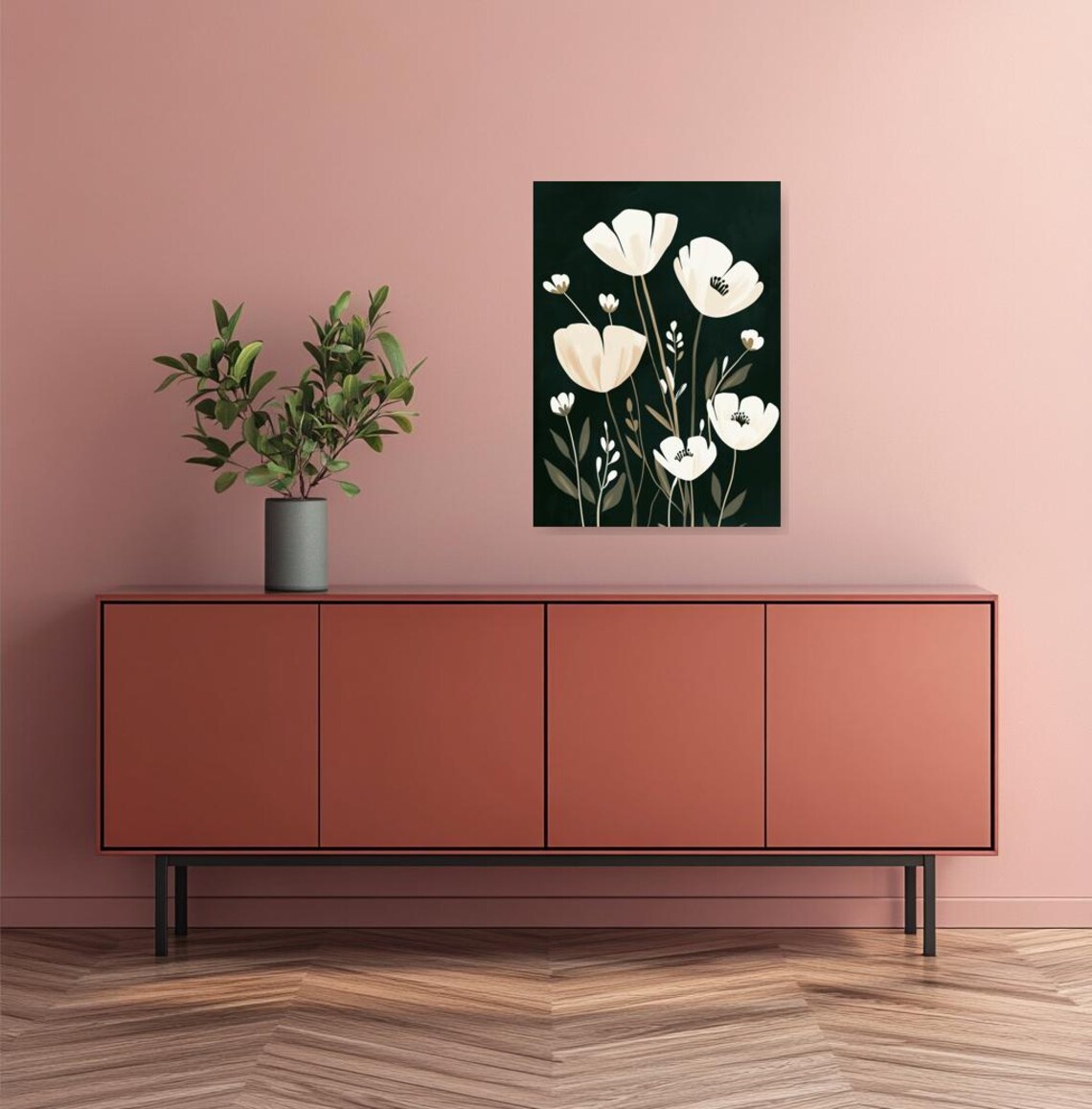 White Blossoms Dark Background Scandinavian Minimal Floral Poster - Image 2