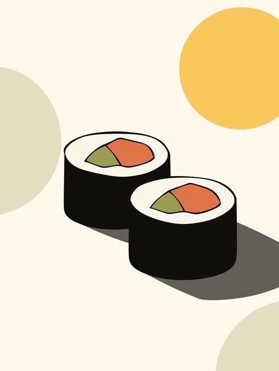 Modern Minimalist Sushi Print In Bold Colors For Kitchen Wall Art And Home Decor Inspired By Contemporary Art