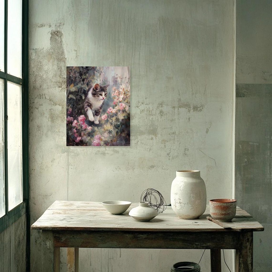Tabby Cat in Pink Flower Garden Impressionist Animal Art Poster - Image 2