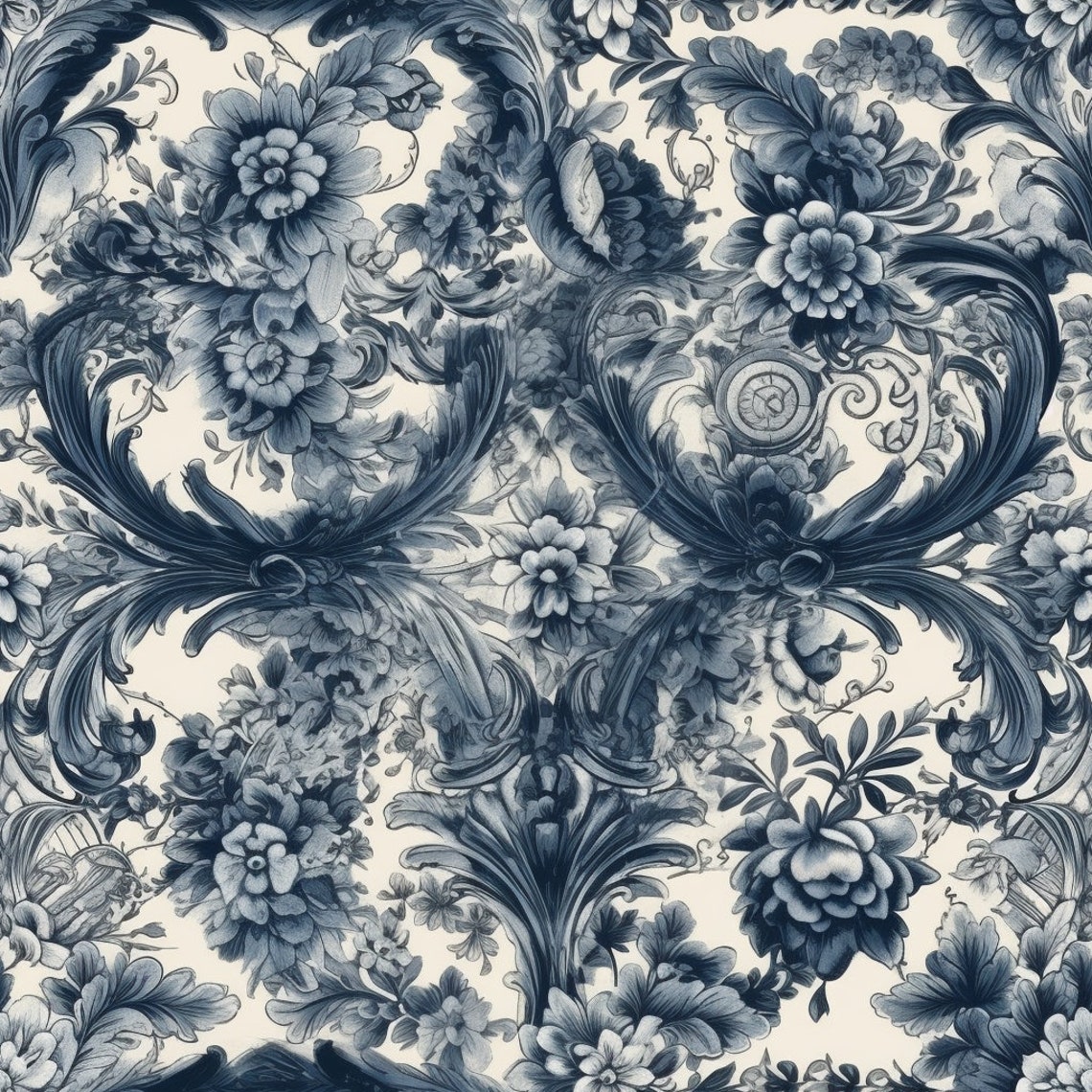 Blue and White Baroque Floral Tile Pattern Rococo Style Art Poster