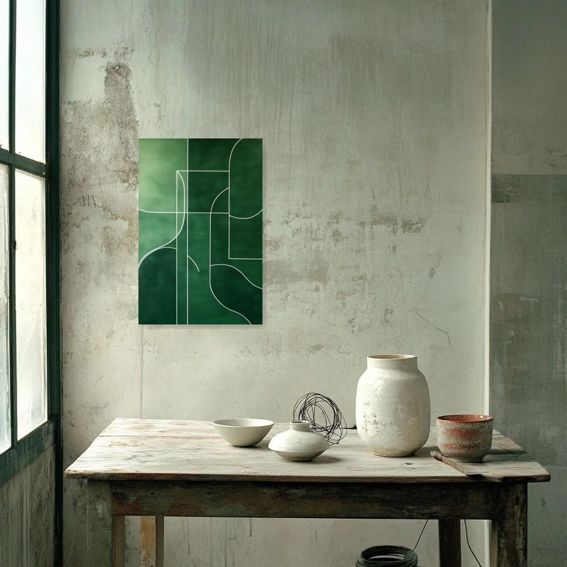Custom Geometric Print Inspired By Minimalist Artists With Deep Green Background And White Lines For Modern Home Decor - Image 2