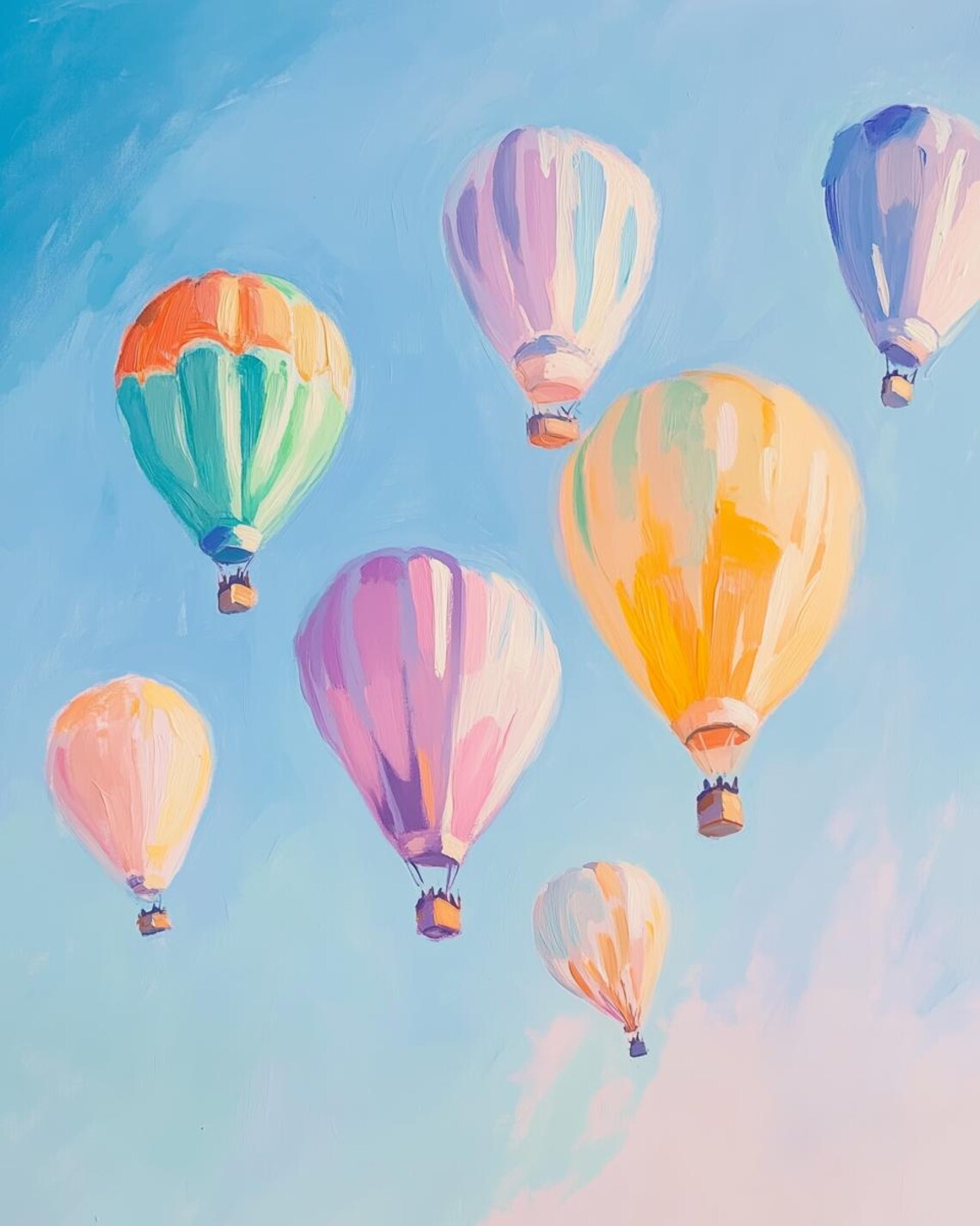 Dreamy Pastel Hot Air Balloons Bright Blue Sky Travel Poster