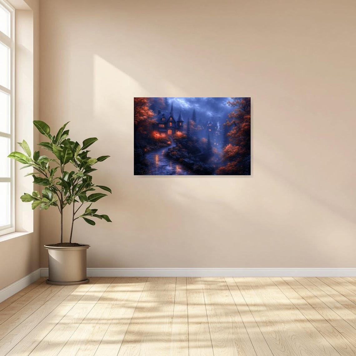 Moody Gothic Castle in Twilight Rain with Glowing Windows Poster - Image 3