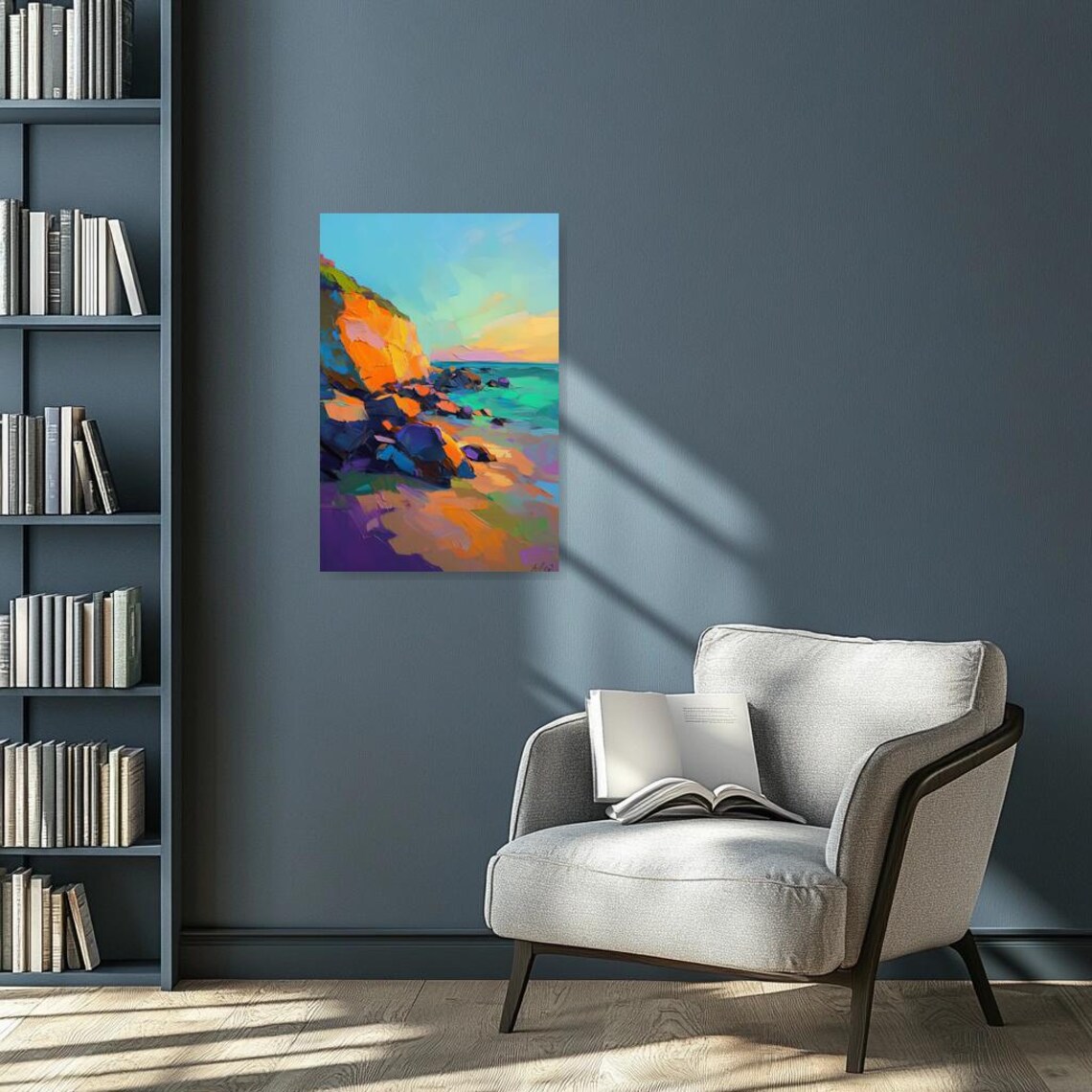 Warm Vibrant Coastal Cliff Sunset Impasto Oil Painting Poster - Image 3