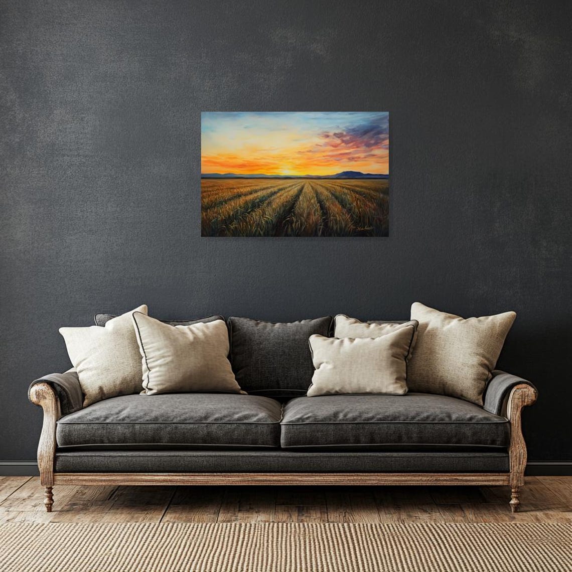 Golden Sunset Over Wheat Field Rows Impressionist Landscape Poster - Image 2