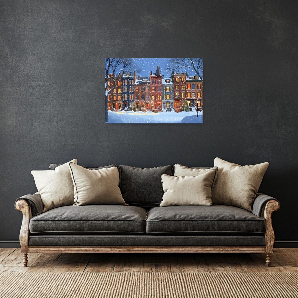 Snowy Victorian Street at Night with Glowing Amber Windows Poster - Image 3