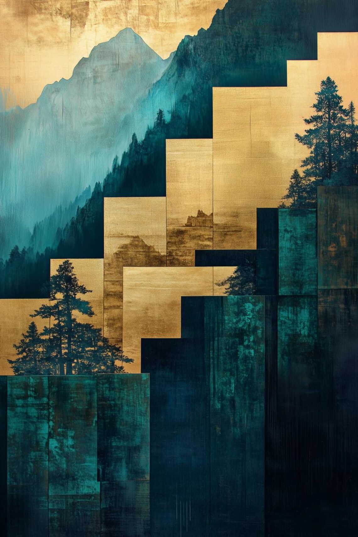 Golden Gold-Leaf Mountains Teal Forest East Asian Art Poster