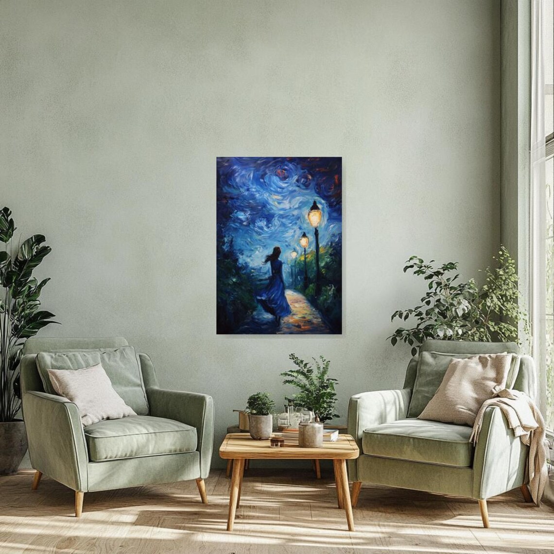 Woman Walking Under Street Lamps Starry Swirling Blue Night Sky Art Poster - Image 3